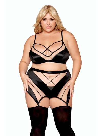 Ensemble grande taille avec Soutien-gorge, jupe porte-jarretelles, string  