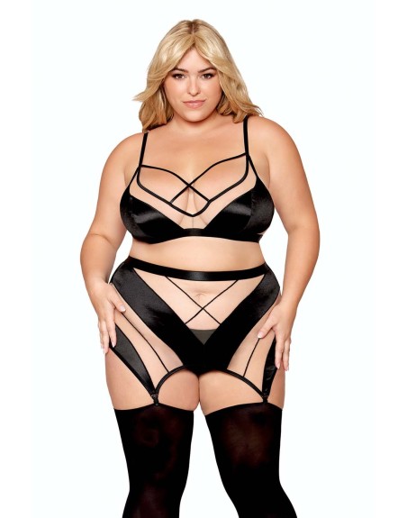 Ensemble grande taille avec Soutien-gorge, jupe porte-jarretelles, string  