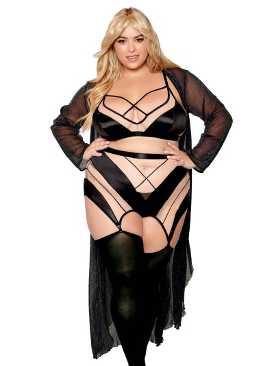 Ensemble grande taille avec Soutien-gorge, jupe porte-jarretelles, string  