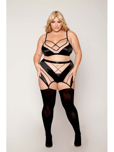 Ensemble grande taille avec Soutien-gorge, jupe porte-jarretelles, string  