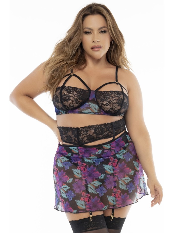 Deux-en-un, nuisette et ensemble trois pièces noir, grande taille, tissu fleur exotique 
