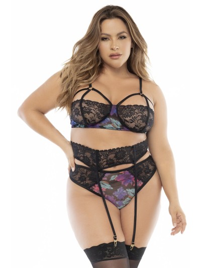 Deux-en-un, nuisette et ensemble trois pièces noir, grande taille, tissu fleur exotique 