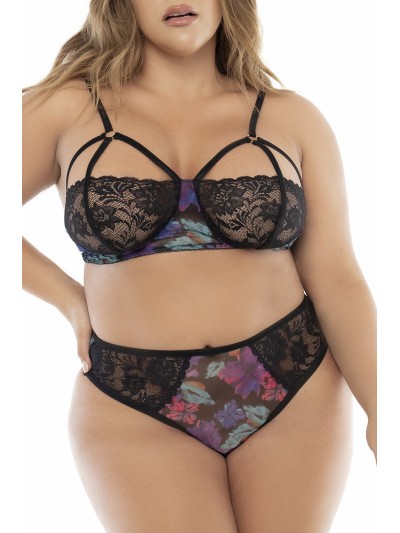 Deux-en-un, nuisette et ensemble trois pièces noir, grande taille, tissu fleur exotique 