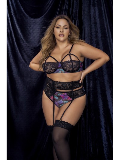 Deux-en-un, nuisette et ensemble trois pièces noir, grande taille, tissu fleur exotique 