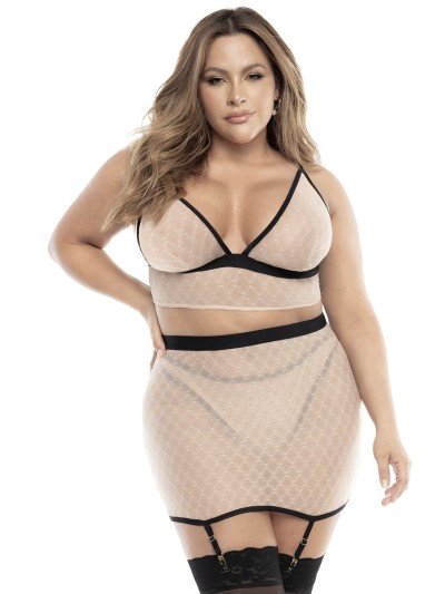 Soutien-gorge, string et jupe, grande taille, résille Chair/Noire 