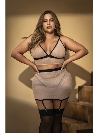 Soutien-gorge, string et jupe, grande taille, résille Chair/Noire 