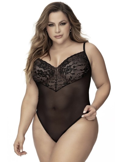 Body, grande taille, noir en dentelle et résille noire 