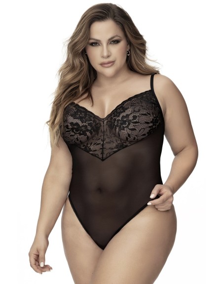 Body, grande taille, noir en dentelle et résille noire 