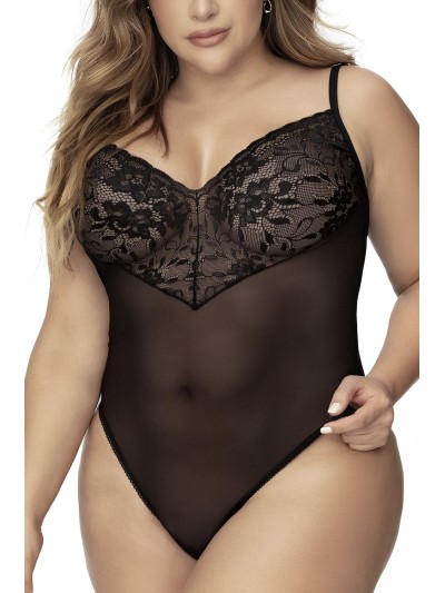 Body, grande taille, noir en dentelle et résille noire 