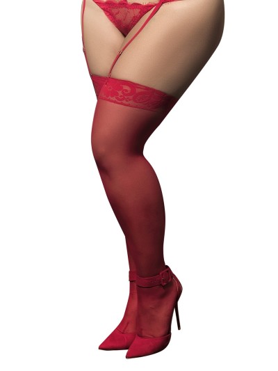 Bas nylon rouges autofixants, grande taille, jarretières dentelle 