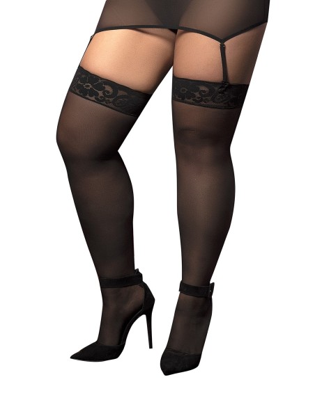 Bas nylon noirs autofixants, grande taille,  jarretières dentelle 