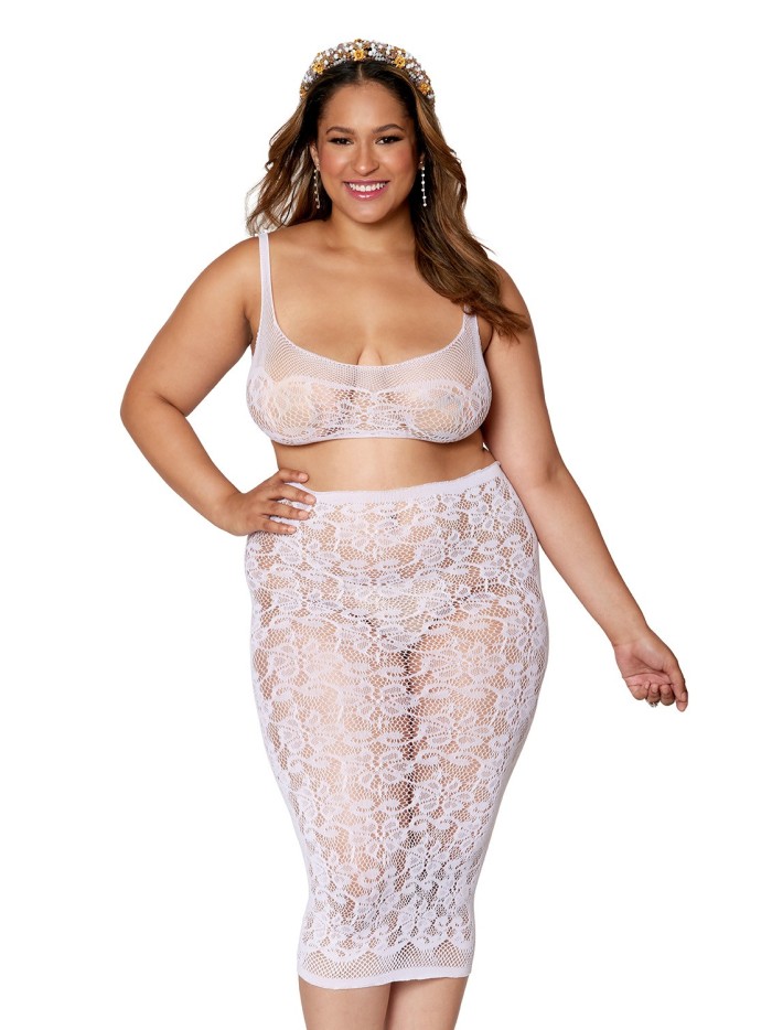 Ensemble 2 pièces grande taille, brassière résille fantaisie et jupe longue assorti 