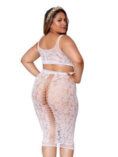 Ensemble 2 pièces grande taille, brassière résille fantaisie et jupe longue assorti 