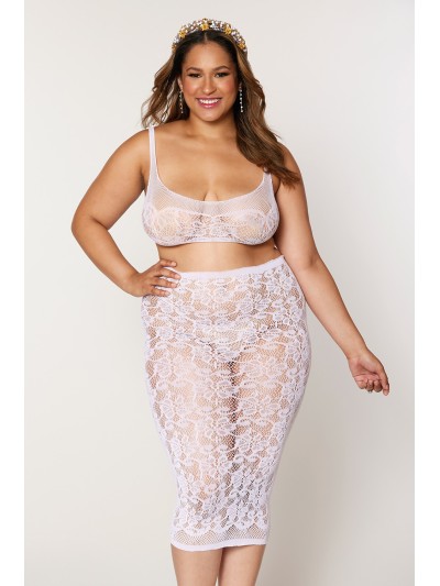 Ensemble 2 pièces grande taille, brassière résille fantaisie et jupe longue assorti 