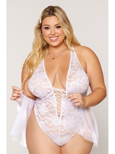 Body grande taille dentelle blanc avec tulle amovible 