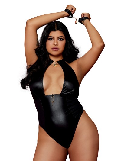 Body wetlook noir  grande taille avec menottes, cadenas bijoux et clé bijou inclus 