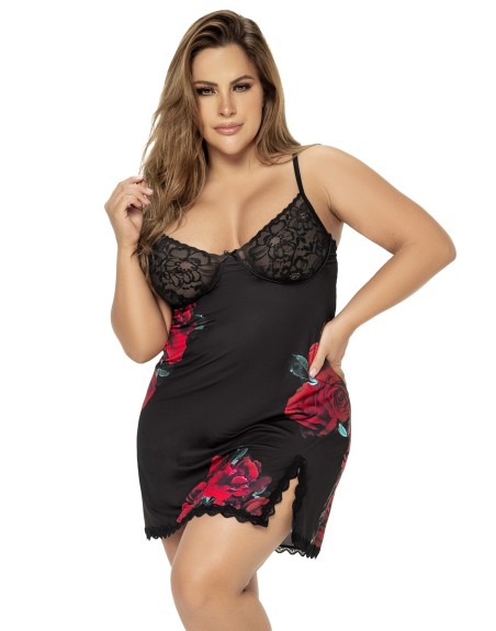 Nuisette noire grande taille motif fleuri et string assorti 
