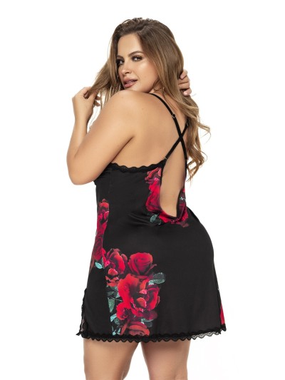 Nuisette noire grande taille motif fleuri et string assorti 