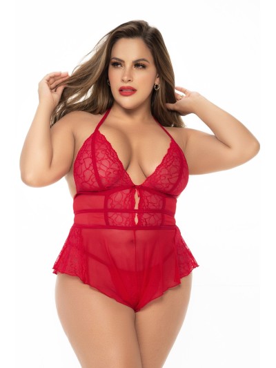 Body rouge grande taille effet babydoll et string assorti 