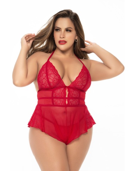 Body rouge grande taille effet babydoll et string assorti 
