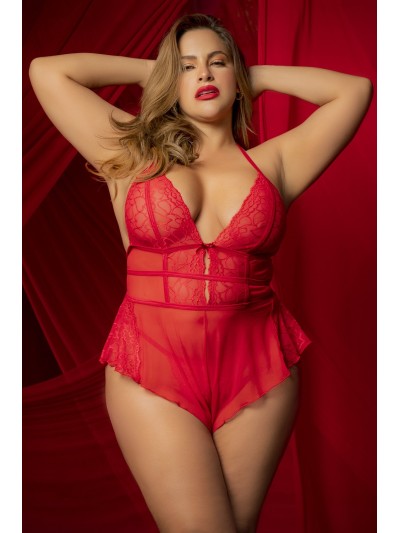 Body rouge grande taille effet babydoll et string assorti 