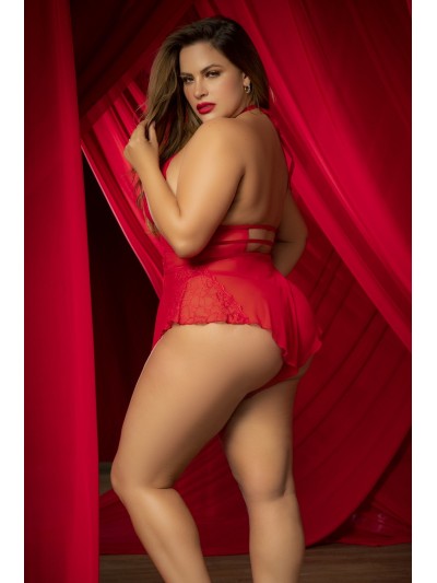 Body rouge grande taille effet babydoll et string assorti 
