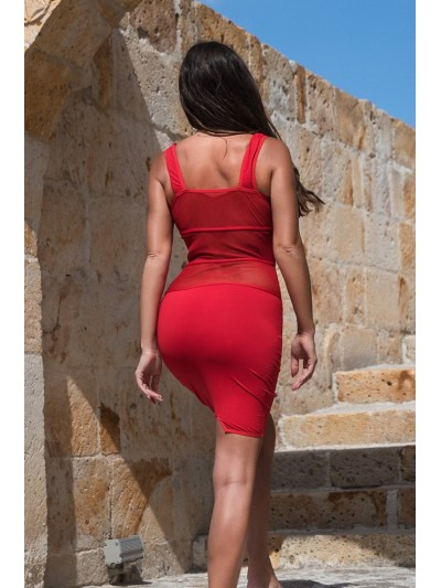 Robe sensuelle et habillée avec maille transparente rouge 