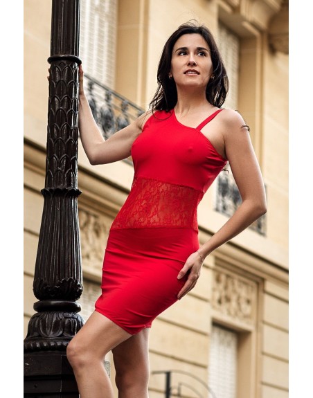 Robe rouge asymétrique avec dentelle Paola 