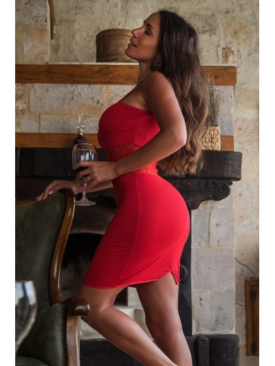 Robe rouge asymétrique avec dentelle Paola 