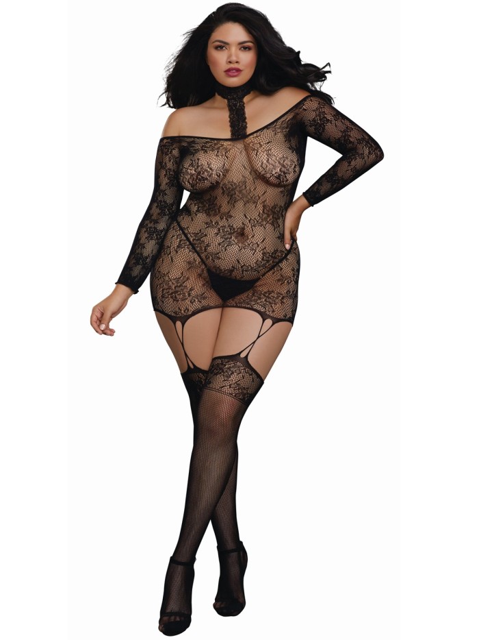 Bodystocking résille guêpière grande taille réversible avec tour de cou 