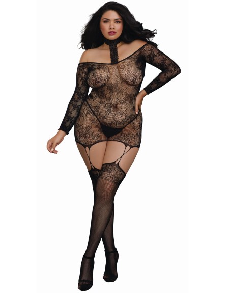 Bodystocking résille guêpière grande taille réversible avec tour de cou 