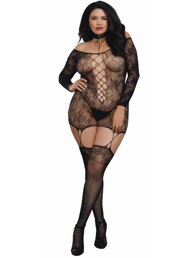 Bodystocking résille guêpière grande taille réversible avec tour de cou 