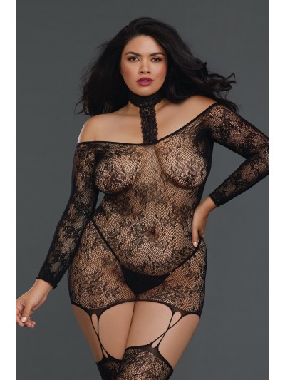 Bodystocking résille guêpière grande taille réversible avec tour de cou 