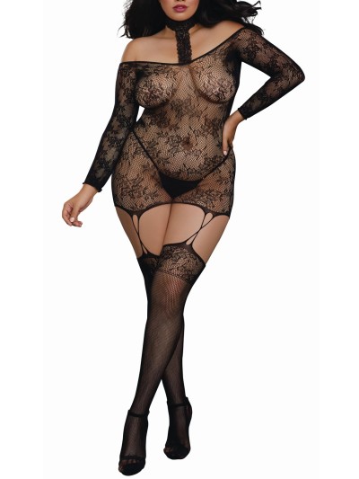 Bodystocking résille guêpière grande taille réversible avec tour de cou 