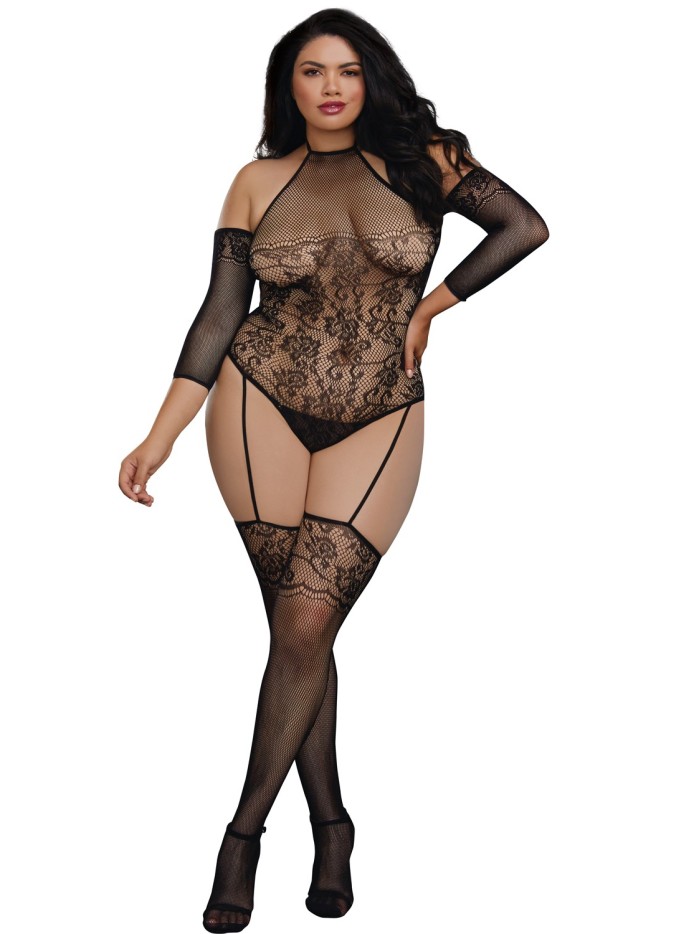 Bodystocking grande taille résille effet bas jarretelles 