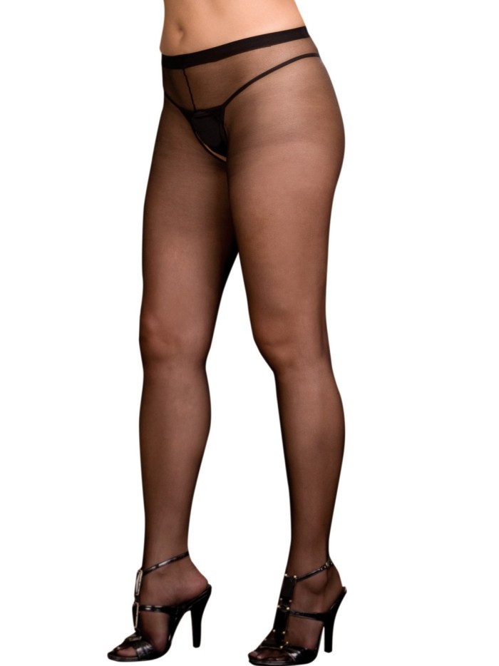 Collant noir grande taille nylon ouverture à l'entre-jambes et sur les fesses 