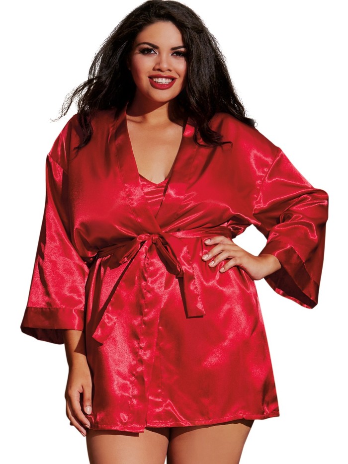 Nuisette grande taille rouge avec peignoir satinés 