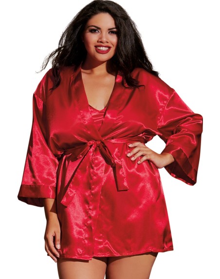 Nuisette grande taille rouge avec peignoir satinés 