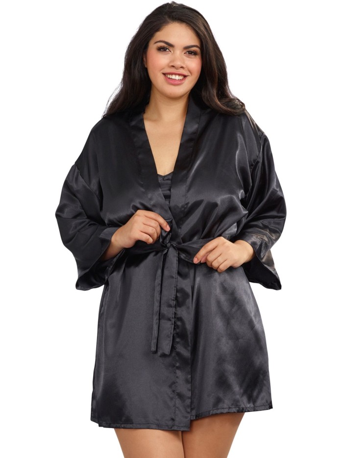 Nuisette grande taille noire avec peignoir satinés 