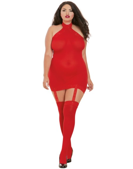 Bodystocking rouge grande taille effet guêpière avec dentelle 