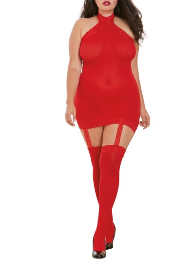 Bodystocking rouge grande taille effet guêpière avec dentelle 