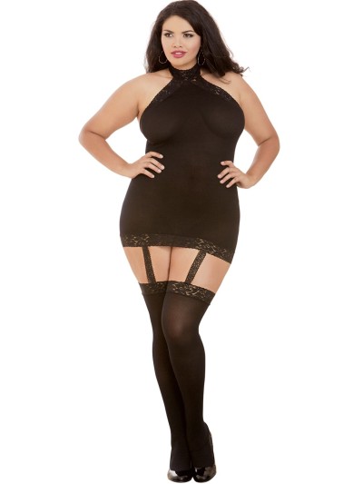 Bodystocking noir grande taille effet guêpière avec dentelle 