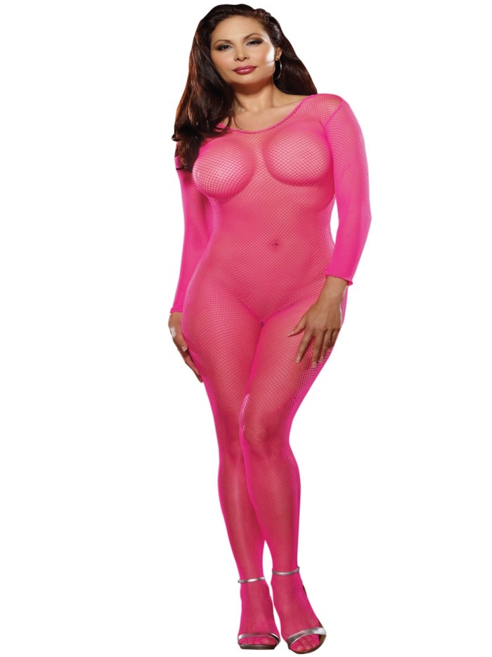 Bodystocking rose fluo résille grande taille ouvert à l'entre-jambes 