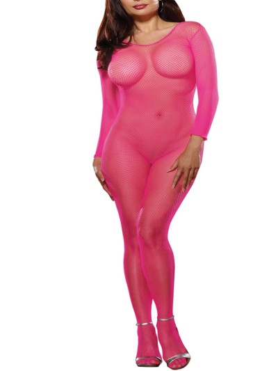 Bodystocking rose fluo résille grande taille ouvert à l'entre-jambes 