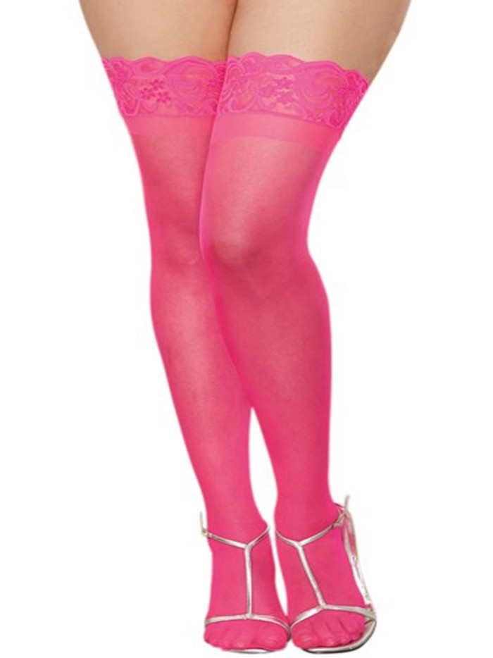 Bas roses grande taille nylon autofixants jarretières dentelle 