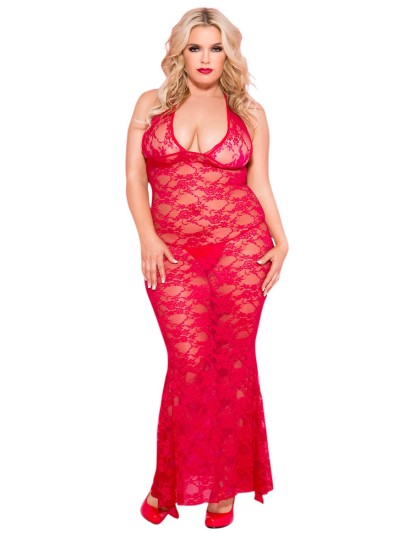 Nuisette grande taille longue rouge décolletée dentelle florale 