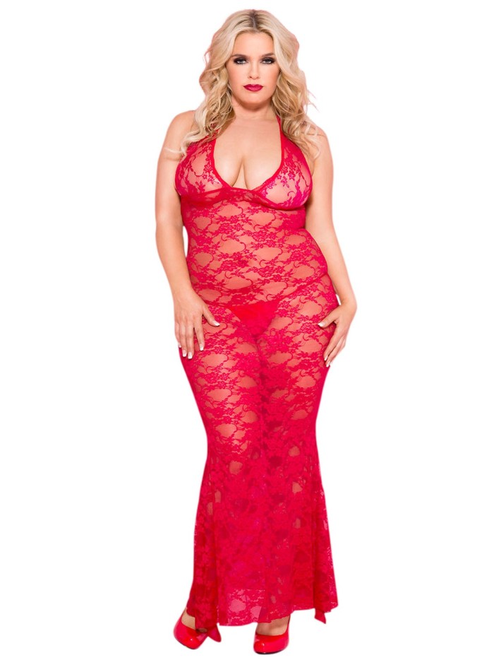 Nuisette grande taille longue rouge décolletée dentelle florale 