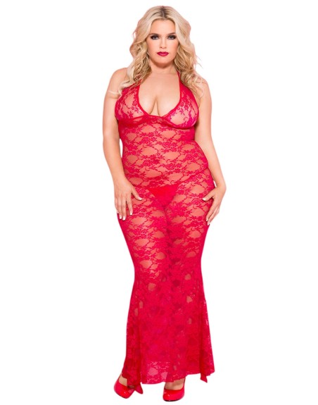 Nuisette grande taille longue rouge décolletée dentelle florale 