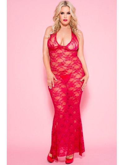 Nuisette grande taille longue rouge décolletée dentelle florale 