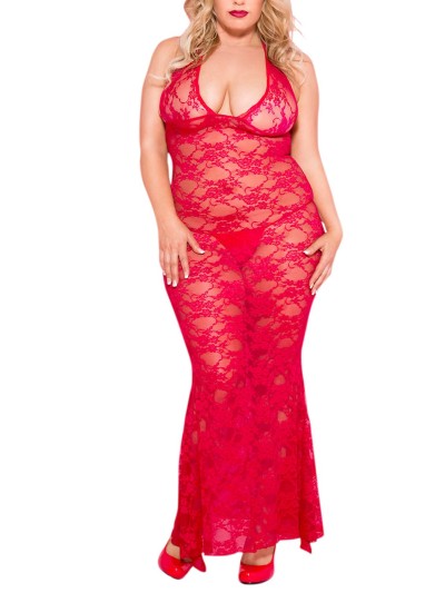 Nuisette grande taille longue rouge décolletée dentelle florale 